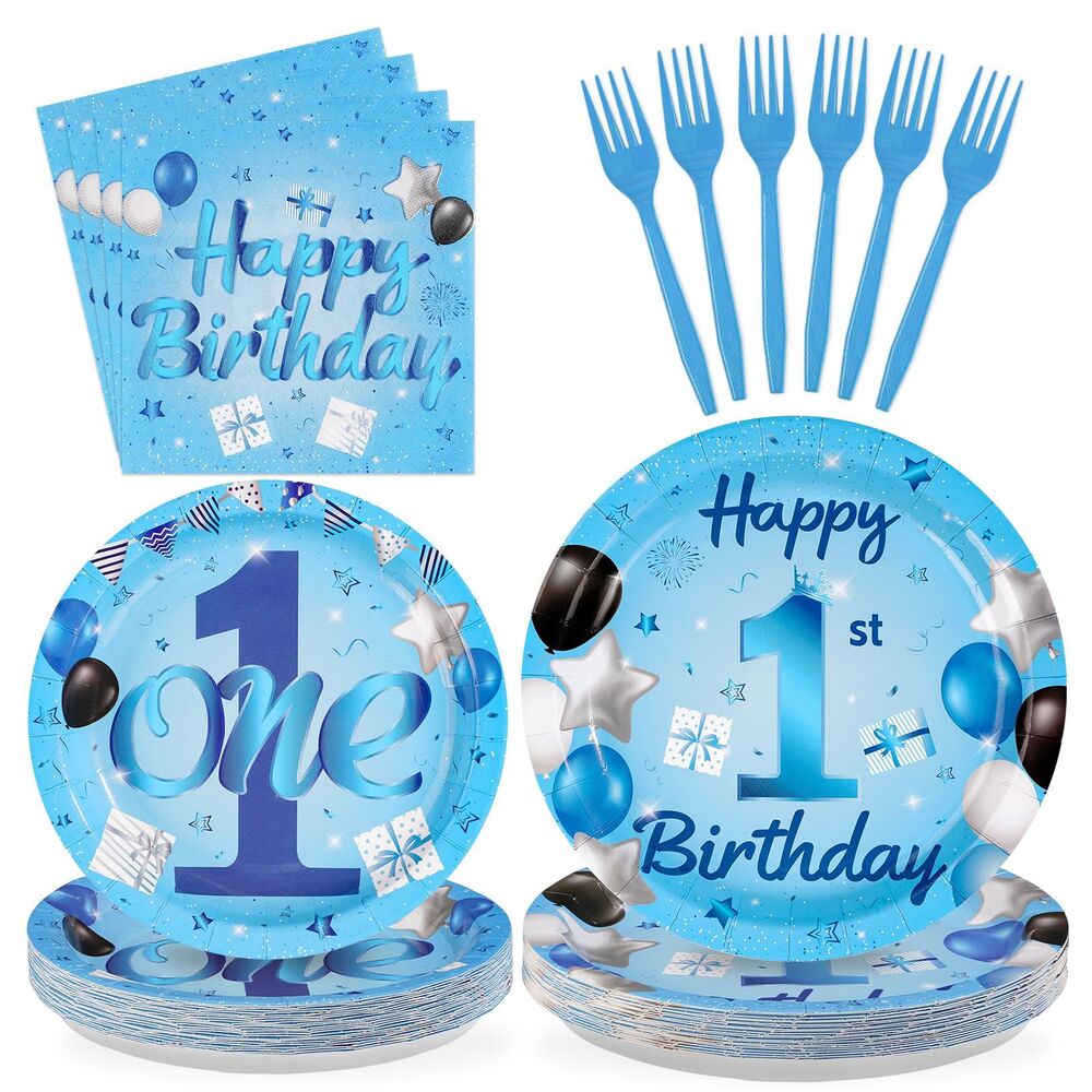 96Pcs Blue 1st Birthday Party Decorations + Plates and Napkins, Serves 24
